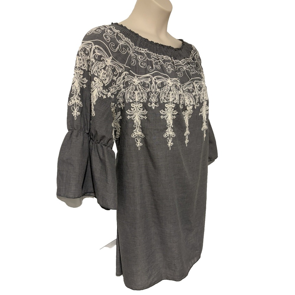 Paisley Vine Embroidered Peasant Tunic Top~L~100% Cotton Gray Smock‎ Neck Gypsy